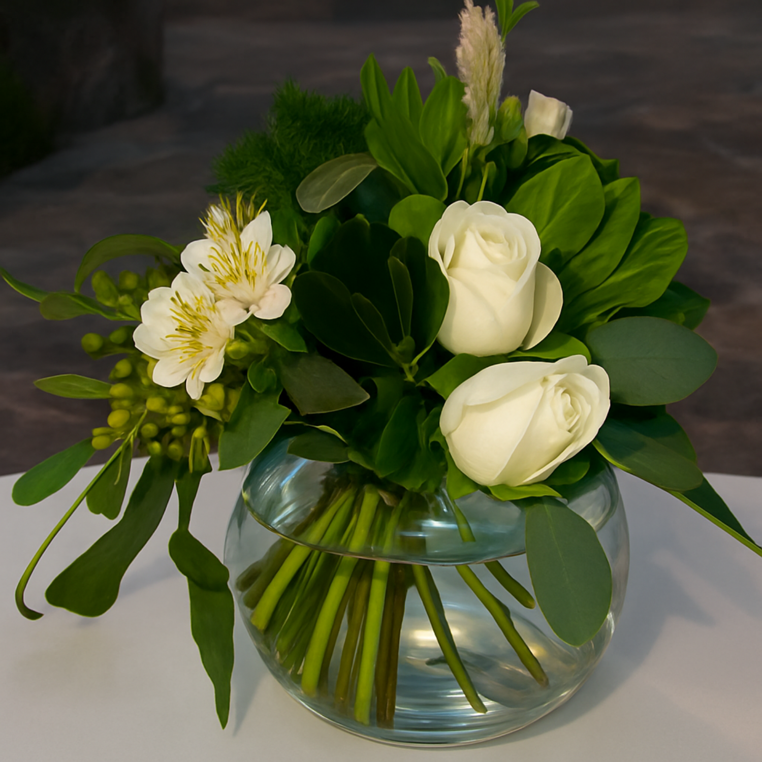 Mini Pecera con Follaje y Flores